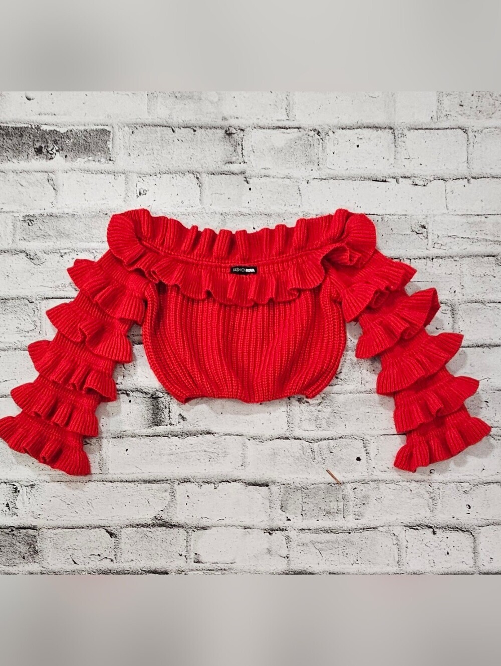 Fashion Nova Red Off Shoulder Ruffle Sleeve Knit Crop Sweater Top L